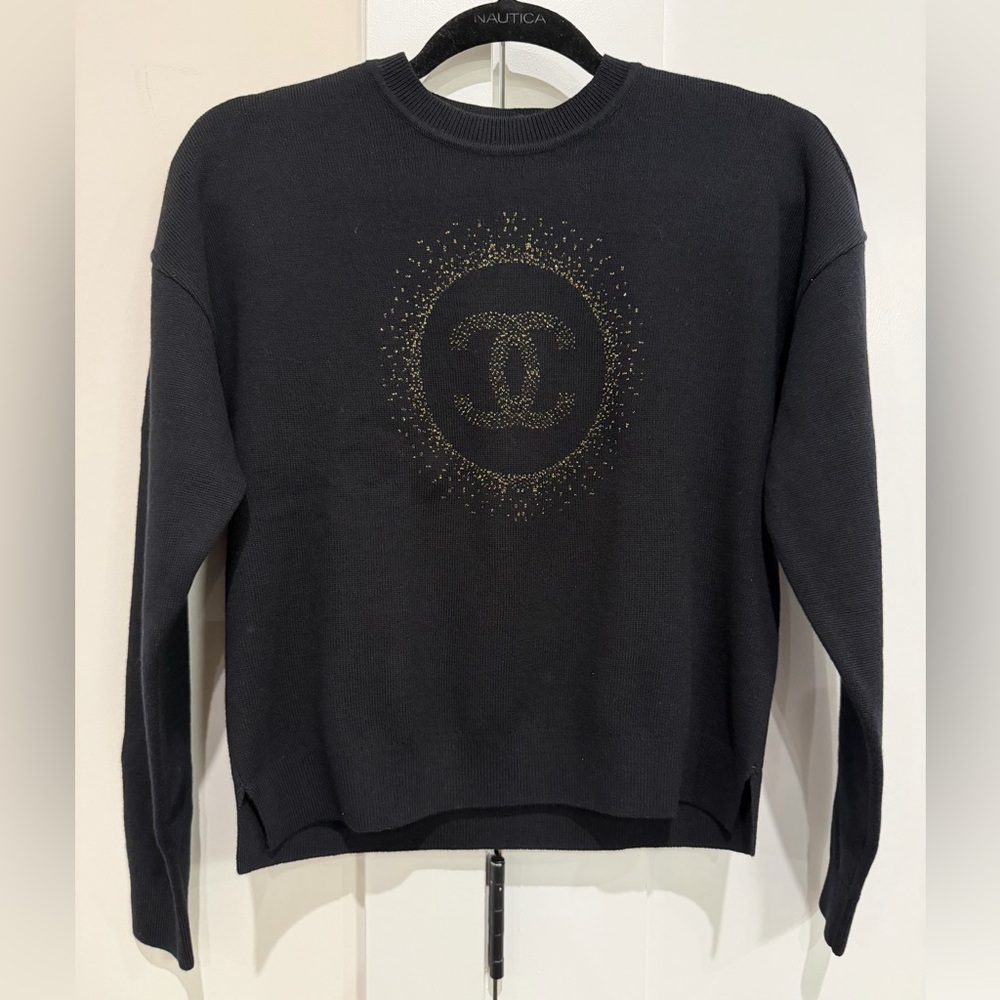 CHANEL Uniform Black Cotton Sweater W Gold Metallic CC Logo Size S designer NEW